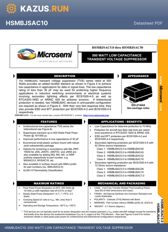 HSMBJSAC36 datasheet - 500 WATT LOW CAPACITANCE TRANSIENT VOLTAGE SUPPRESSOR
