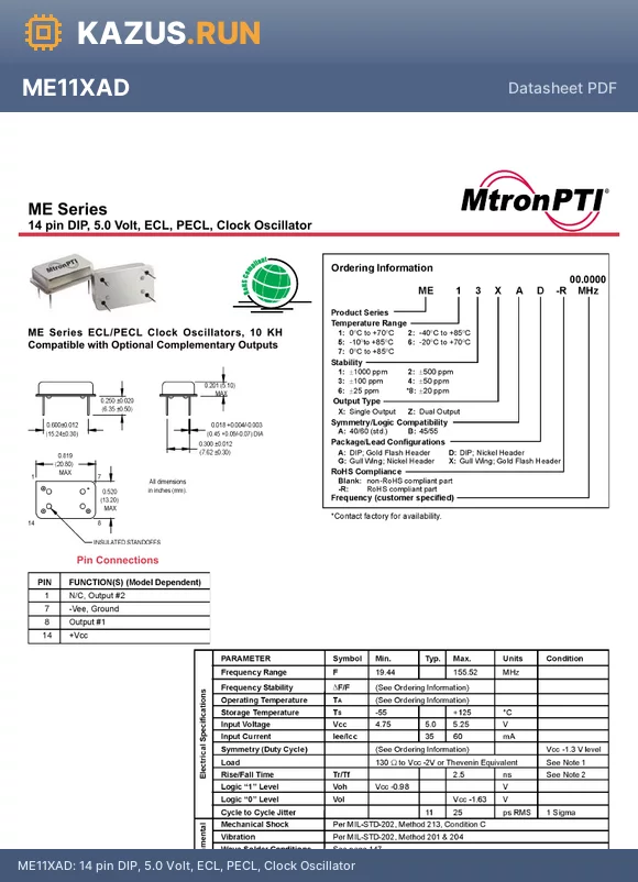 ME13XAX-R datasheet - 14 pin DIP, 5.0 Volt, ECL, PECL, Clock Oscillator