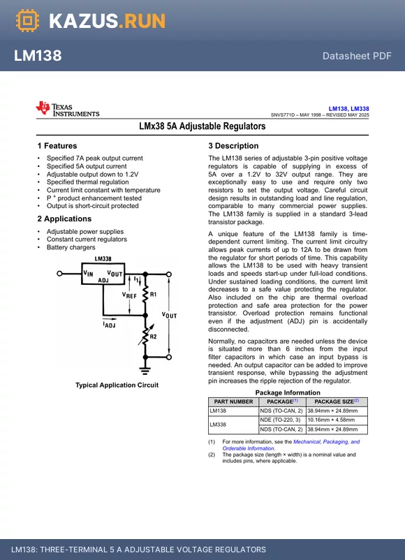 LM138 datasheet - Three-terminal 5 A adjustable voltage regulators