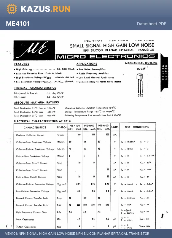 ME4101 datasheet - NPN SIGNAL HIGH GAIN LOW NOISE NPN SILICON PLANAR EPITAXIAL TRANSISTOR