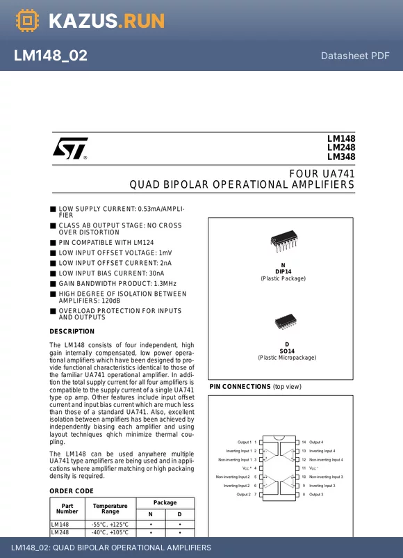LM148_02 datasheet - QUAD BIPOLAR OPERATIONAL AMPLIFIERS