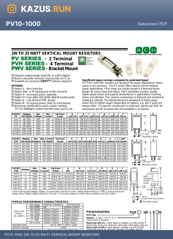 PV10-R100 datasheet - 2W TO 25 WATT VERTICAL MOUNT RESISTORS