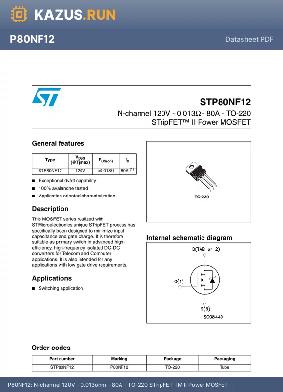 P80NF12 datasheet - N-channel 120V - 0.013ohm - 80A - TO-220 STripFET TM II Power MOSFET