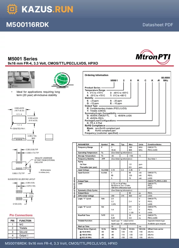 M500166TLK-R datasheet - 9x16 mm FR-4, 3.3 Volt, CMOS/TTL/PECL/LVDS, HPXO