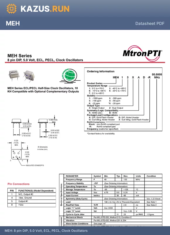 MEH76XAA-R datasheet - 8 pin DIP, 5.0 Volt, ECL, PECL, Clock Oscillators