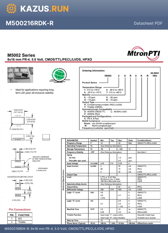 M50021DTPK-R datasheet - 9x16 mm FR-4, 5.0 Volt, CMOS/TTL/PECL/LVDS, HPXO