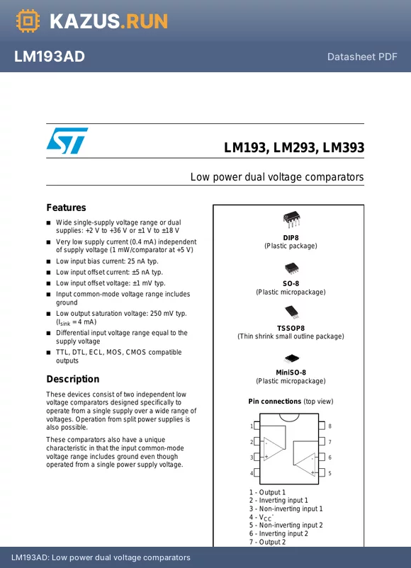 LM293ST datasheet - Low power dual voltage comparators