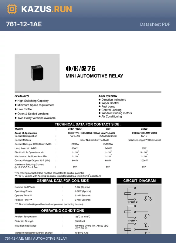 O2-5-1CE datasheet - MINI AUTOMOTIVE RELAY