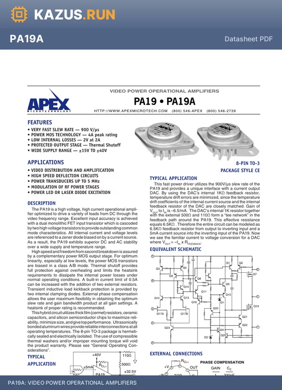 PA19A datasheet - VIDEO POWER OPERATIONAL AMPLIFIERS