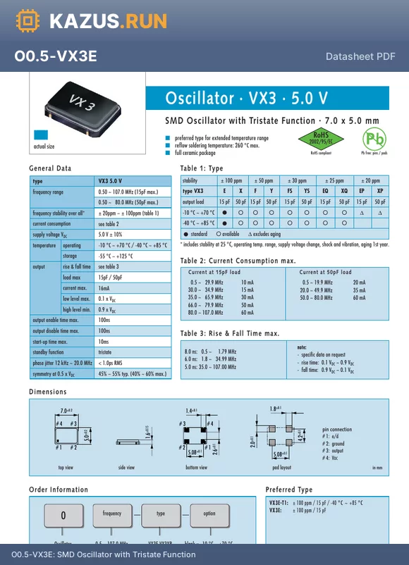 O80.0-VX3E-T1 datasheet - SMD Oscillator with Tristate Function
