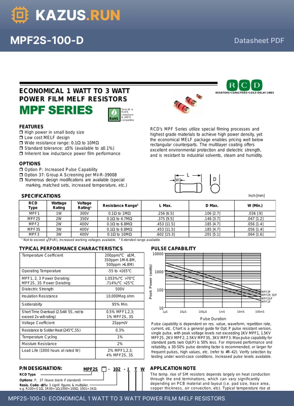 MPF2SP-R15-G datasheet - ECONOMICAL 1 WATT TO 3 WATT POWER FILM MELF RESISTORS