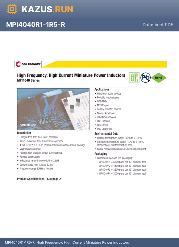 MPI4040R1-R68-R datasheet - High Frequency, High Current Miniature Power Inductors