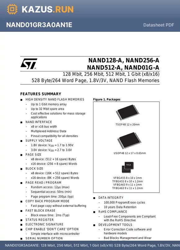 NAND01GW3A2CZB1F datasheet - 128 Mbit, 256 Mbit, 512 Mbit, 1 Gbit (x8/x16) 528 Byte/264 Word Page, 1.8V/3V, NAND Flash Memories