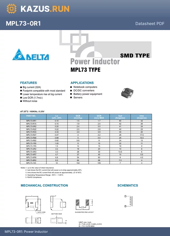 MPL73-R82 datasheet - Power Inductor