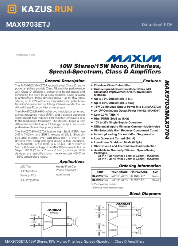 MAX9704ETJ datasheet - 10W Stereo/15W Mono, Filterless, Spread-Spectrum, Class D Amplifiers