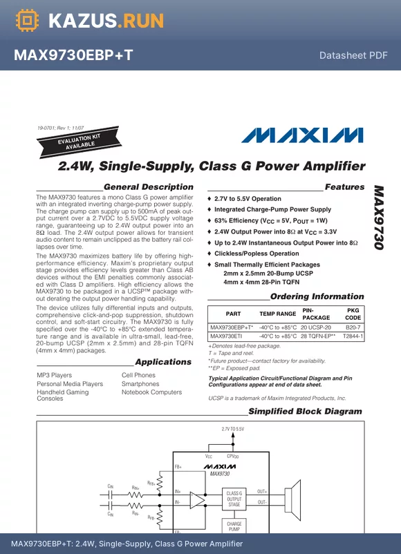 MAX9730_07 datasheet - 2.4W, Single-Supply, Class G Power Amplifier