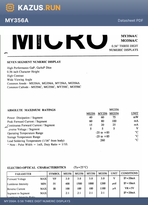 MG356C datasheet - 0.56 THREE DIGIT NUMERIC DISPLAYS