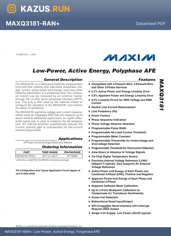 MAXQ3181-RAN+ datasheet - Low-Power, Active Energy, Polyphase AFE