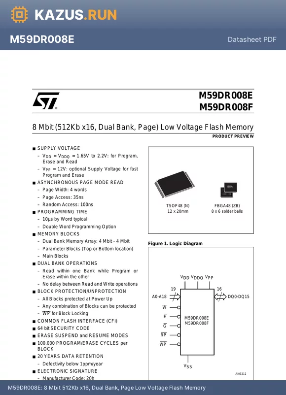 M59DR008FZB datasheet - 8 Mbit 512Kb x16, Dual Bank, Page Low Voltage Flash Memory