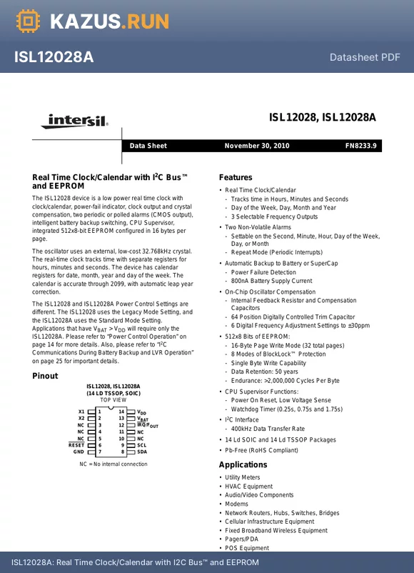 ISL12028AIV27Z datasheet - Real Time Clock/Calendar with I2C Bus and EEPROM