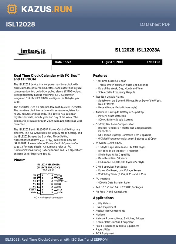 ISL12028IB27Z datasheet - Real Time Clock/Calendar with I2C Bus and EEPROM