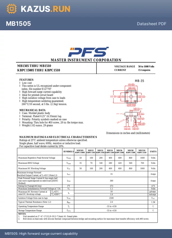 KBPC1502 datasheet - High forward surge current capability