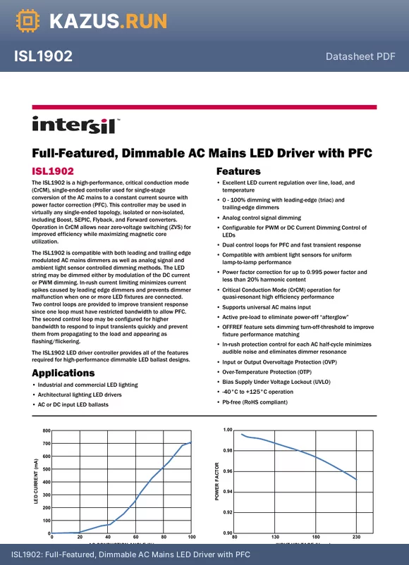 ISL1902 datasheet - Full-Featured, Dimmable AC Mains LED Driver with PFC