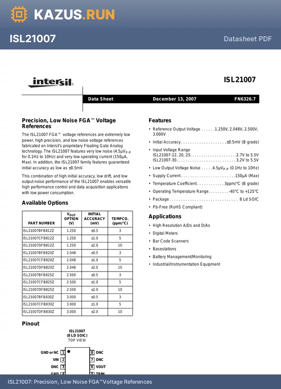 ISL21007DFB812Z datasheet - Precision, Low Noise FGAVoltage References