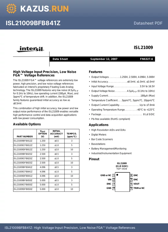 ISL21009CFB825Z datasheet - High Voltage Input Precision, Low Noise FGA Voltage References