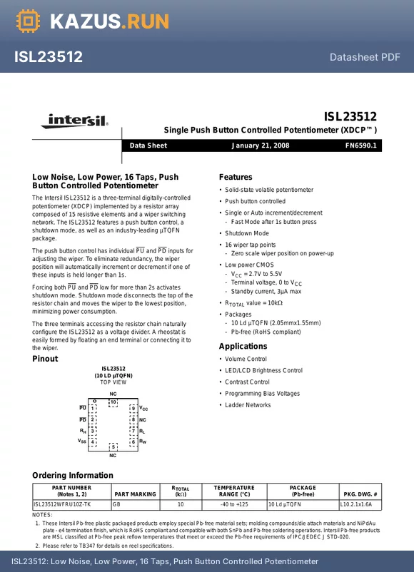 ISL23512 datasheet - Low Noise, Low Power, 16 Taps, Push Button Controlled Potentiometer