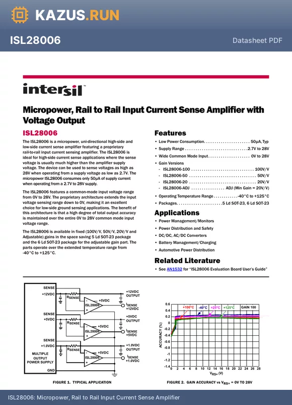 ISL28006FH-20EVAL1Z datasheet - Micropower, Rail to Rail Input Current Sense Amplifier