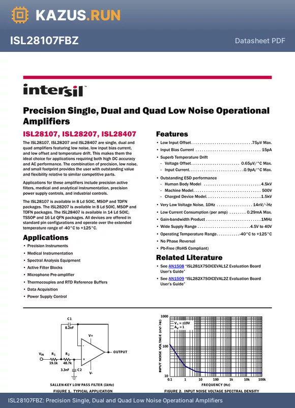 ISL28107FUZ datasheet - Precision Single, Dual and Quad Low Noise Operational Amplifiers