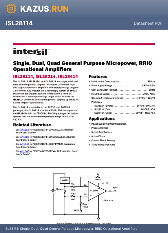 ISL28114FEZ-T7 datasheet - Single, Dual, Quad General Purpose Micropower, RRIO Operational Amplifiers