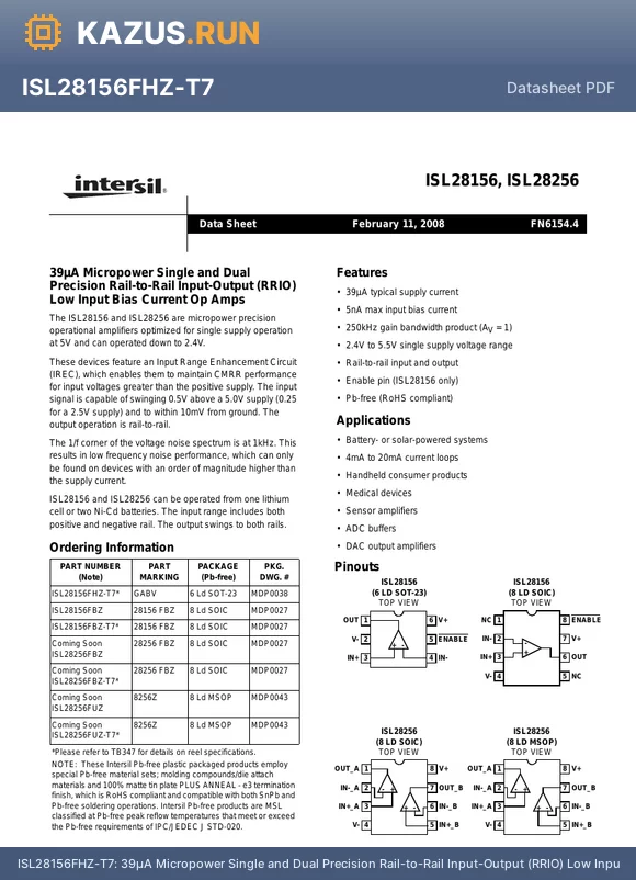 ISL28156FHZ-T7 datasheet - 39lA Micropower Single and Dual Precision Rail-to-Rail Input-Output (RRIO) Low Input Bias Current Op Amps