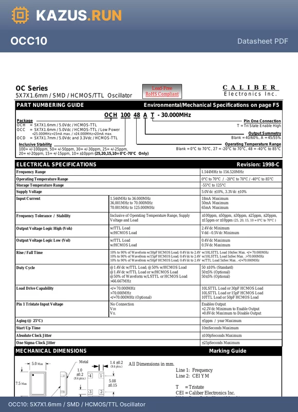 OCD15A datasheet - 5X7X1.6mm / SMD / HCMOS/TTL Oscillator