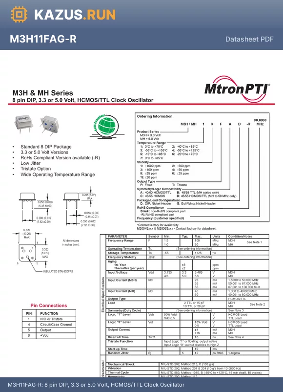 MH58FDG-R datasheet - 8 pin DIP, 3.3 or 5.0 Volt, HCMOS/TTL Clock Oscillator