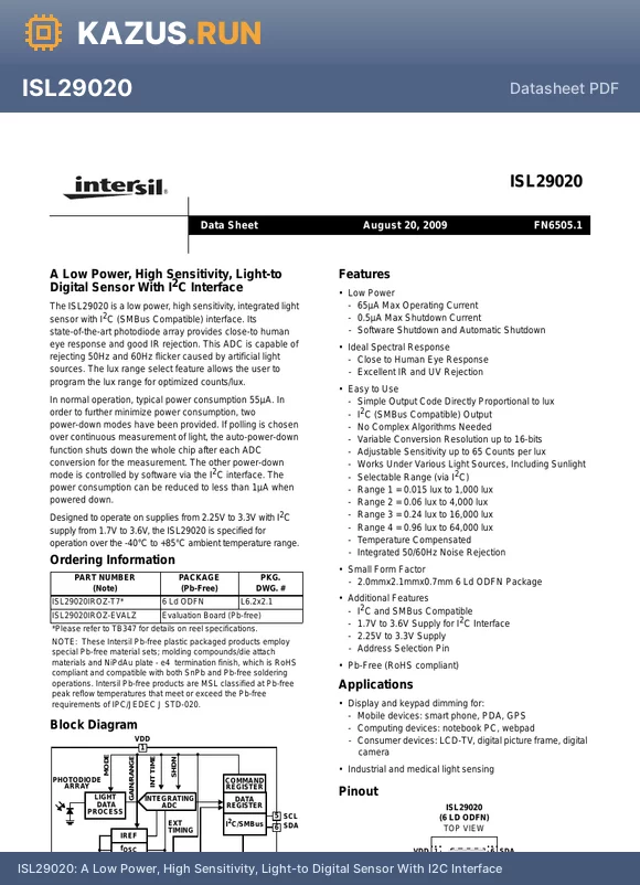 ISL29020 datasheet - A Low Power, High Sensitivity, Light-to Digital Sensor With I2C Interface
