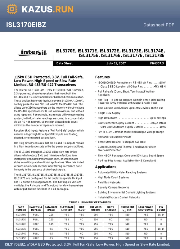 ISL3177EIUZ datasheet - a15kV ESD Protected, 3.3V, Full Fail-Safe, Low Power, High Speed or Slew Rate Limited, RS-485/RS-422 Transceivers