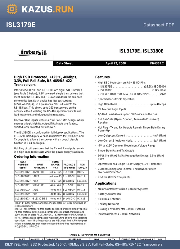 ISL3179EIBZ datasheet - High ESD Protected, 125`C, 40Mbps 3.3V, Full Fail-Safe, RS-485/RS-422 Transceivers