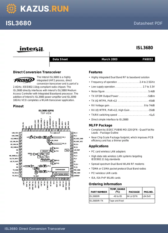 ISL3680IR datasheet - Direct Conversion Transceiver