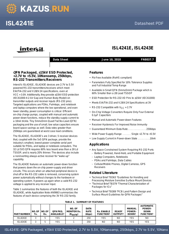 ISL4241EIR datasheet - QFN Packaged, a15kV ESD Protected, 2.7V to 5.5V, 10Nanoamp, 250kbps, 2.7V to 5.5V, 10Nanoamp, 250kbps,