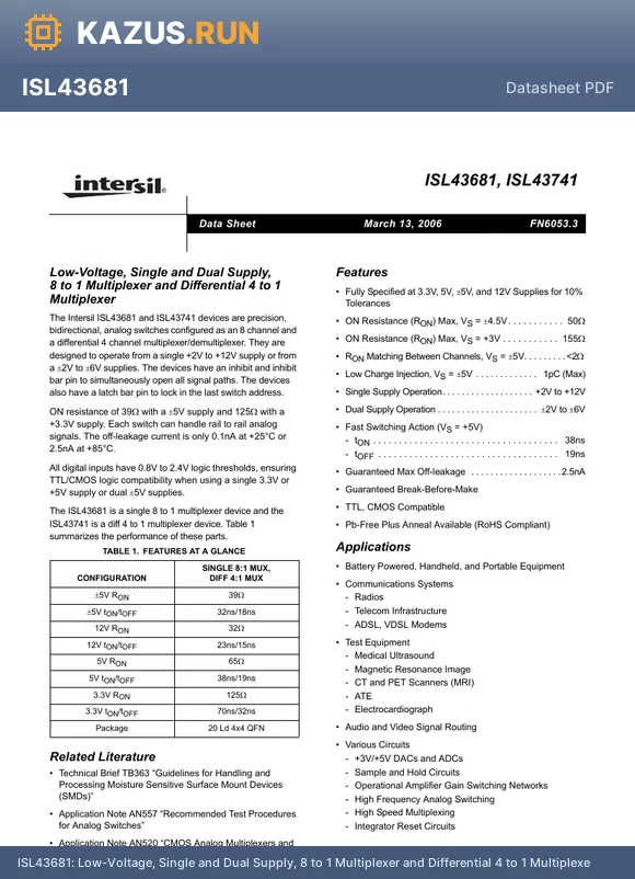 ISL43681_06 datasheet - Low-Voltage, Single and Dual Supply, 8 to 1 Multiplexer and Differential 4 to 1 Multiplexer
