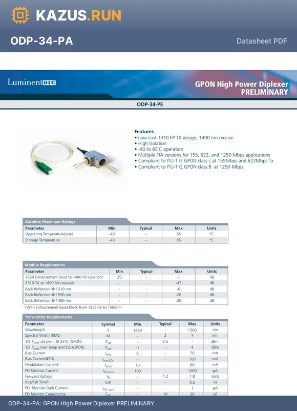 ODP-34-PB-622-SCA-R datasheet - GPON High Power Diplexer PRELIMINARY