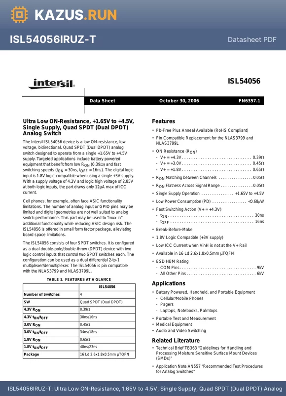 ISL54056 datasheet - Ultra Low ON-Resistance, 1.65V to 4.5V, Single Supply, Quad SPDT (Dual DPDT) Analog Switch