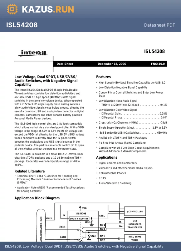 ISL54208 datasheet - Low Voltage, Dual SPDT, USB/CVBS/ Audio Switches, with Negative Signal Capability