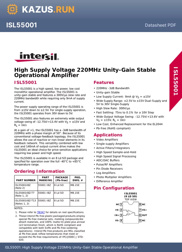 ISL55001IBZ datasheet - High Supply Voltage 220MHz Unity-Gain Stable Operational Amplifier