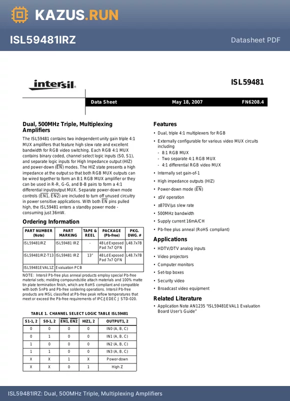 ISL59481IRZ-T13 datasheet - Dual, 500MHz Triple, Multiplexing Amplifiers