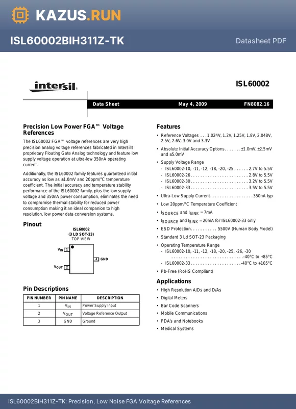 ISL60002DIH311Z-TK datasheet - Precision, Low Noise FGA Voltage References