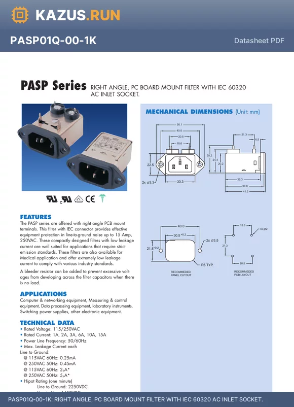 PASP01Q-00-1MM3 datasheet - RIGHT ANGLE, PC BOARD MOUNT FILTER WITH IEC 60320 AC INLET SOCKET.