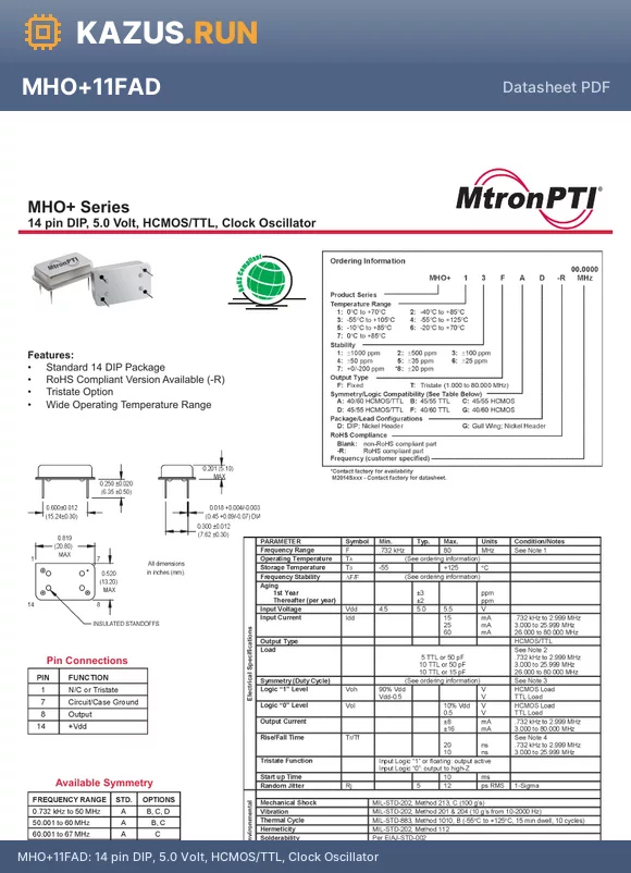 MHO+27FGG-R datasheet - 14 pin DIP, 5.0 Volt, HCMOS/TTL, Clock Oscillator
